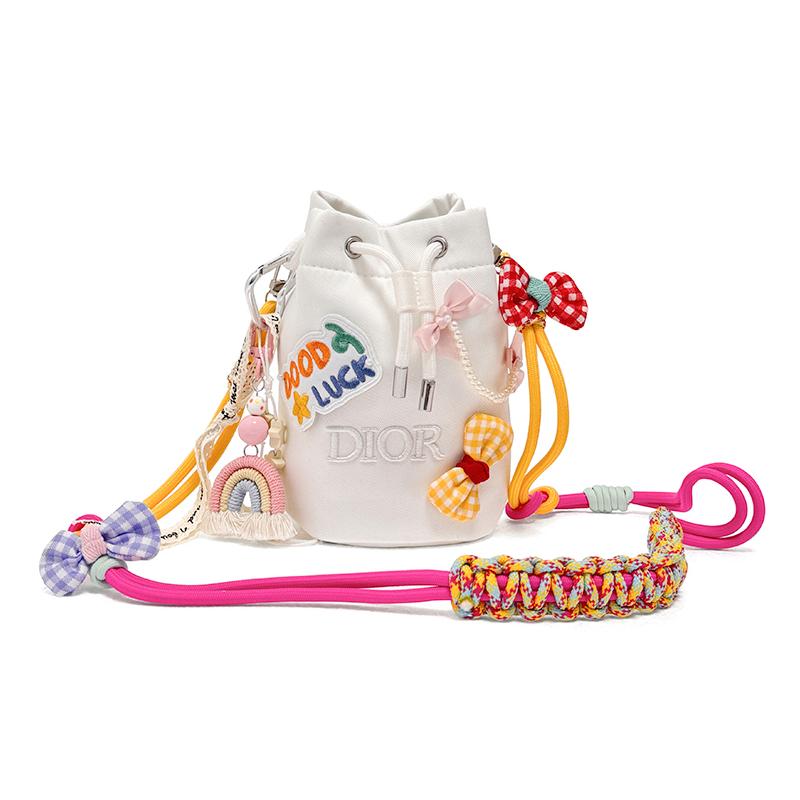 DIOR [Customized cosmetic bag] Summer Dopamine Candy Bow Literary Style Handmade Stitching Cosmetic Bag White Drawstring Canvas 12*12*18cm белый