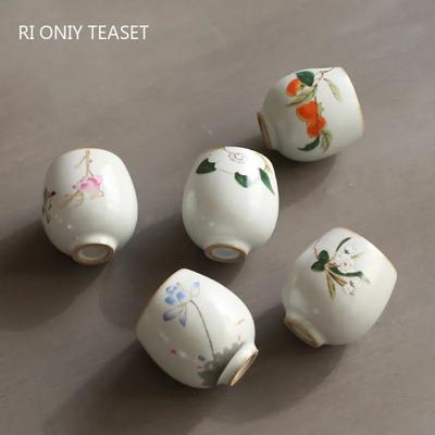 Traditional Handmade Ru Kiln Ceramic Teacup Travel Meditation Cup Hand Painted Flower Tea Bowl Master Cup Tea Set Accessories