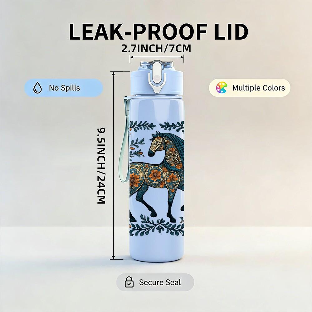 1PC Geometric Dark Horse Print 750ml Color Plastic Sports Water Bottle Leakproof Flip Straw Lid Suitable for Sports Office Home Use