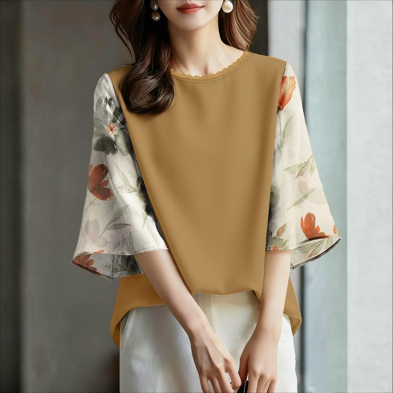 ZANZEA Women Casual Round Neck Splice 3/4 Sleeve Loose Blouse