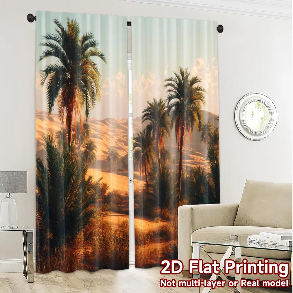 2pcs, 2D FLAT PRINTING Curtains (Without Rod) Desert Oasis Print Chic Curtains Versatile Polyester Curtains Outdoor Decorations