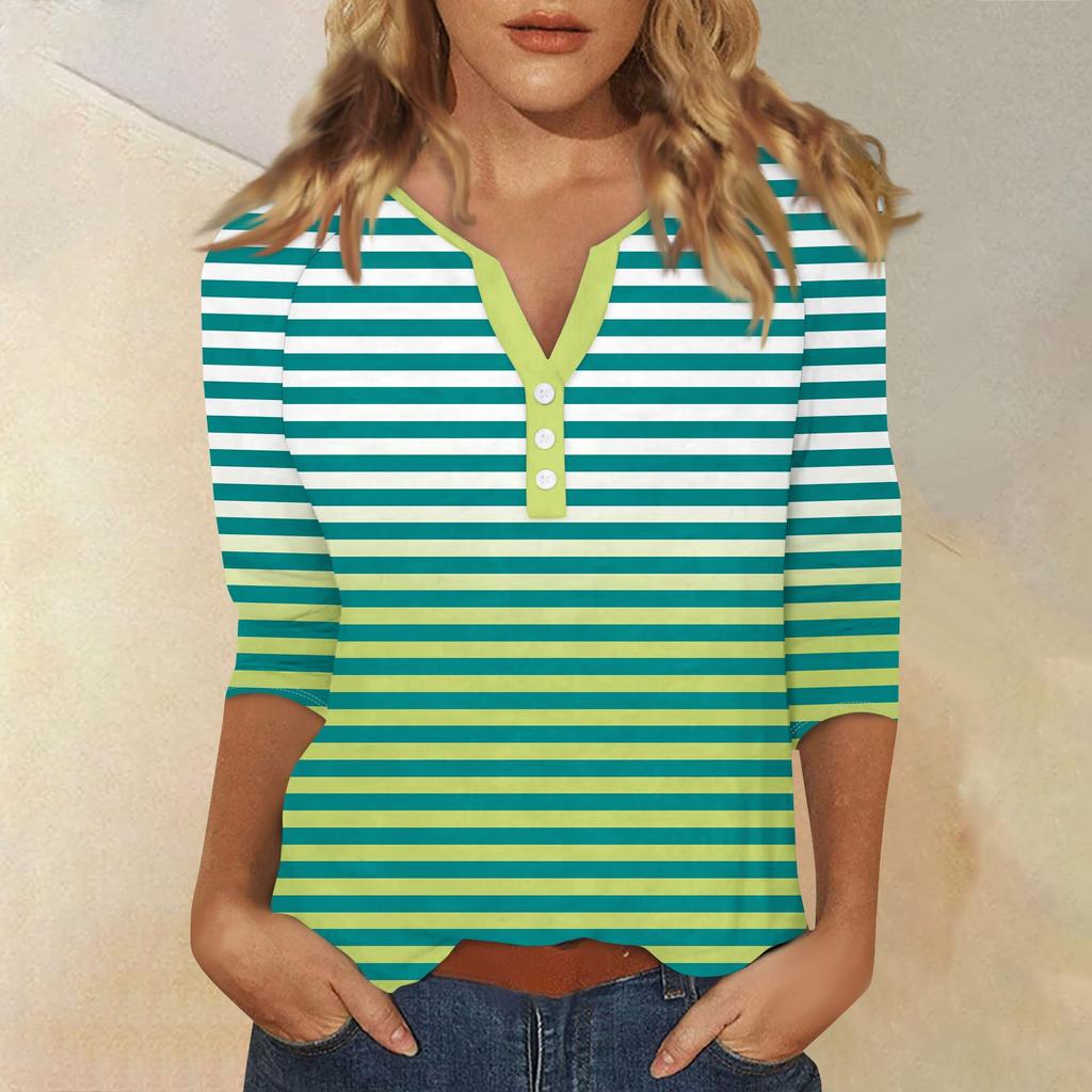 Mujer Camiseta Camiseta Estampado Botón Manga 3/4 Diario Fin de semana Moda Básico Escote en V Regular Top