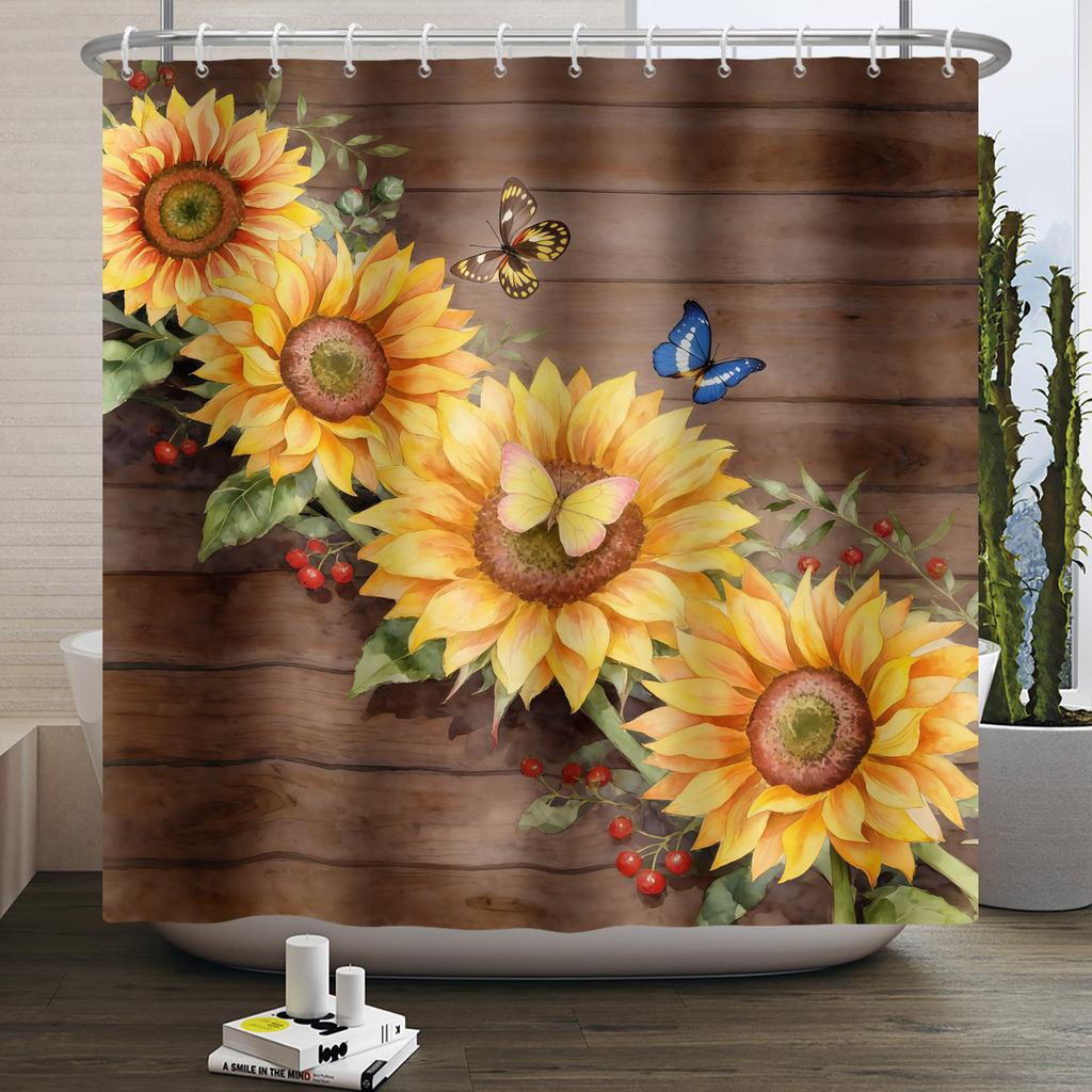 Modern Fresh Plant Shower Curtain Flowers Sunflower Hyacinth Shower Curtains Bathroom Decor Waterproof With 12 Hooks Curtains