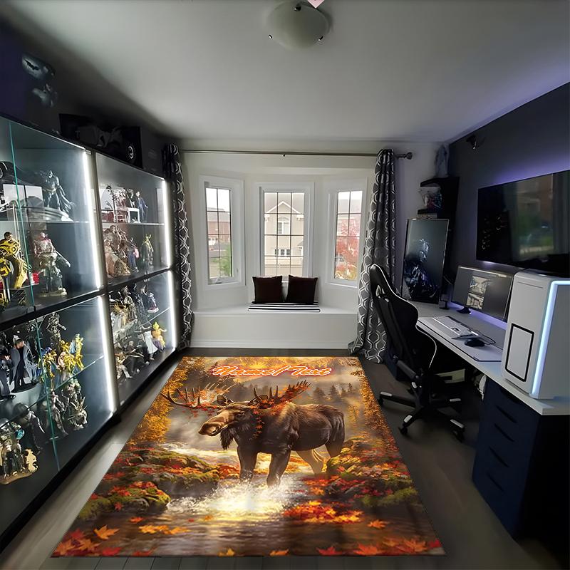 1PC Custom Name Autumnal Moose Majesty Theme Floor Mat Ideal for Living Room, Game Rooms, Office, Bedroom,Floor Mat Playful Design