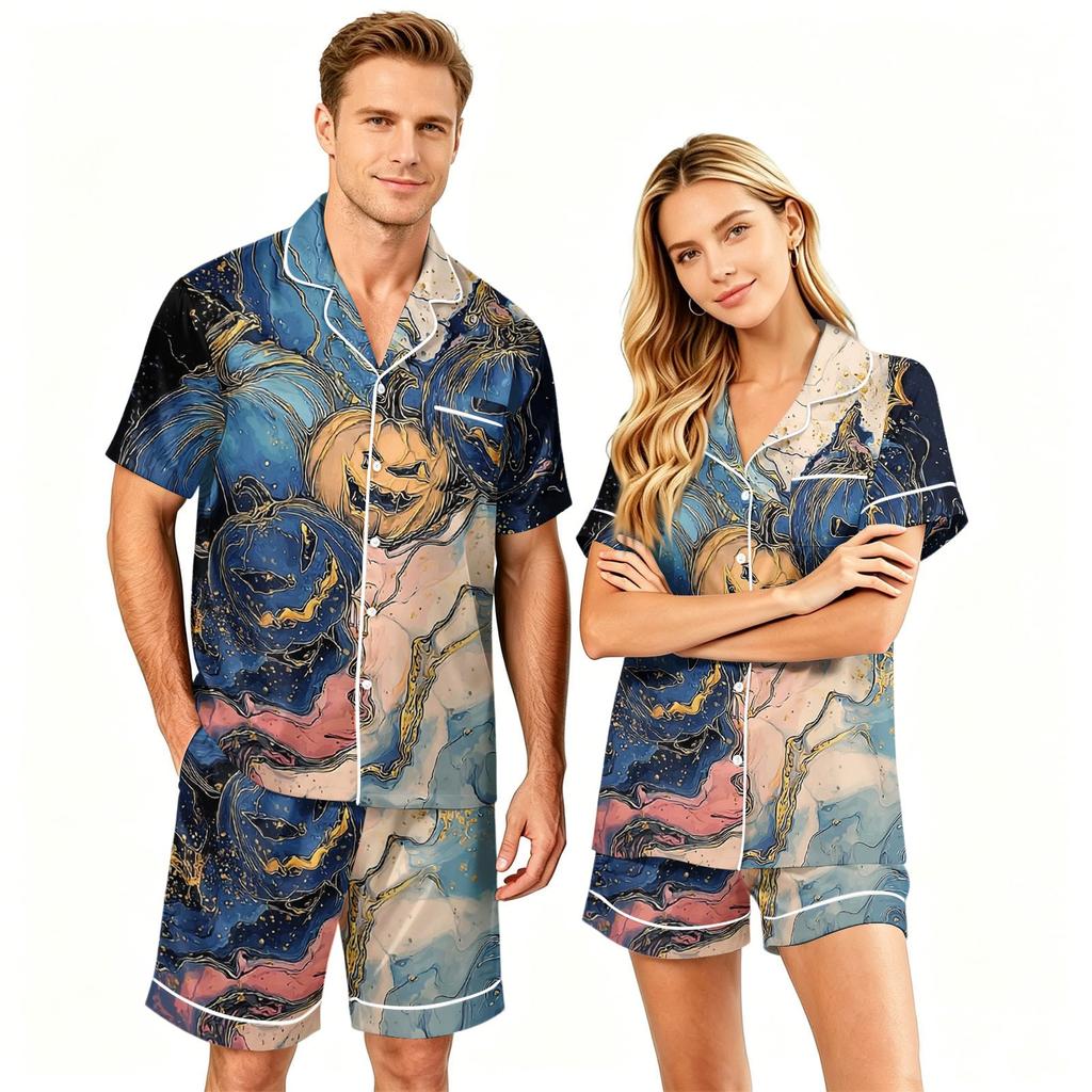 Couples Halloween Pajama Set Short Sleeve Button Down Shirt and Shorts Pajamas Soft Casual Sleepwear S To XXXXL Matching Loungewear