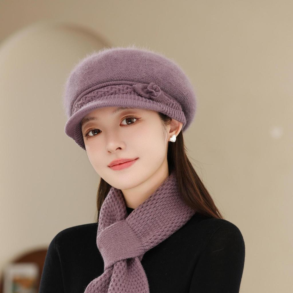 Rabbit Fur Peaked Hat Women's Winter Windproof New Thickened Ear Protection Mother's Hat Outdoor Warm Knitted Hat Scarf