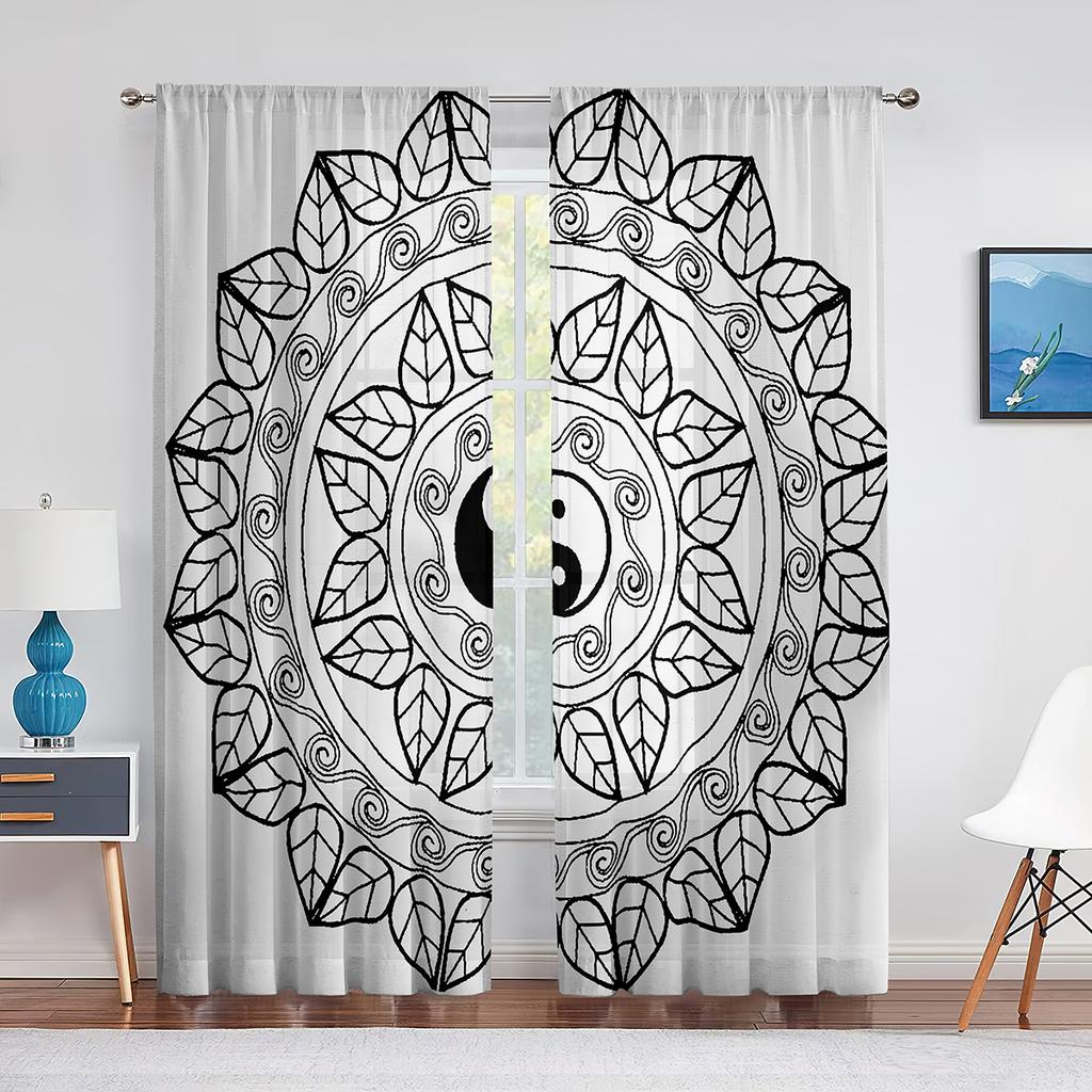 Schwarz-Weißes Boho Mandala Muster Tüllvorhänge für Wohnzimmer Schlafzimmer Dekor Transparent Chiffon Sheer Voile Fenstergardine