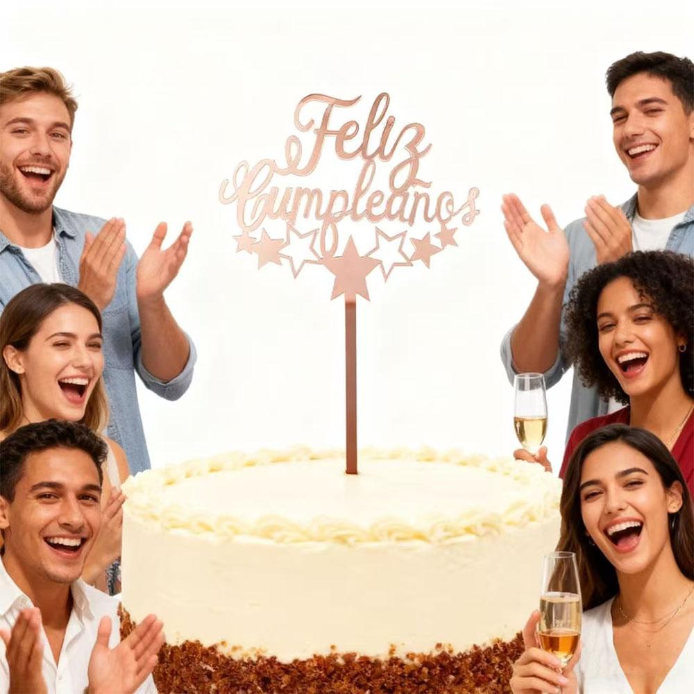 Acylic Feliz Cumpleanos Espanol Spanish Happy Birthday Cake Topper Gold Crown Design Cupcake Baking Supplies Party Decoration