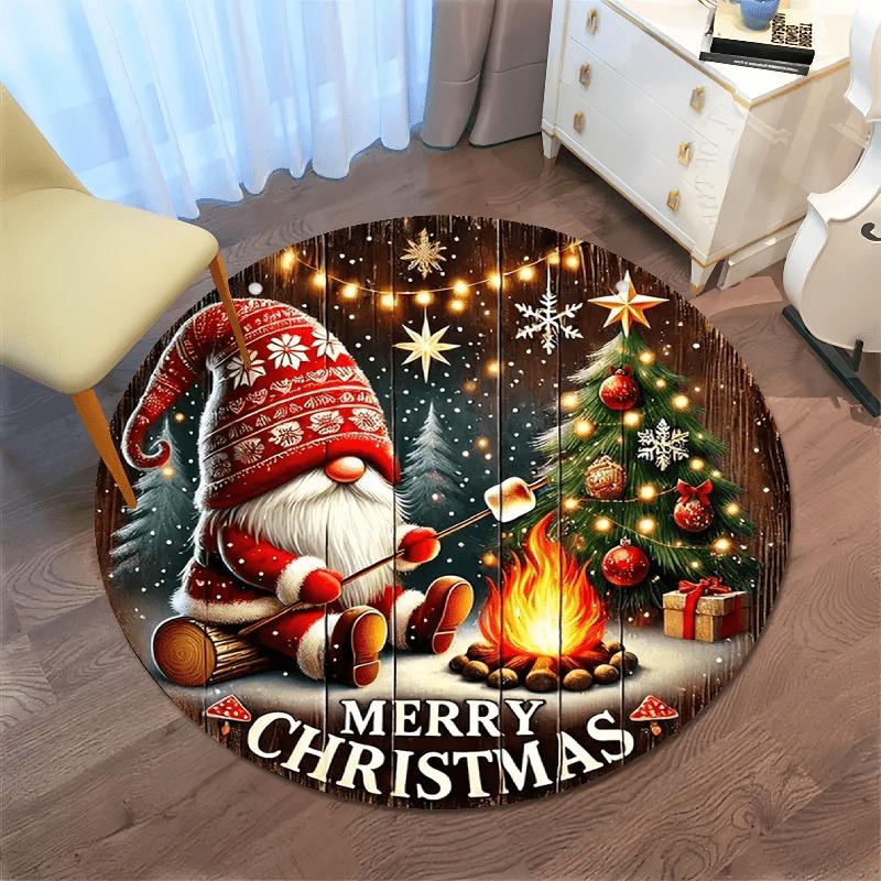 Christmas Santa Claus Round Rug Gift Box Bell Poinsettia Snowflake Holiday Print Circular Floor Mat Rug for Living Room Bedroom