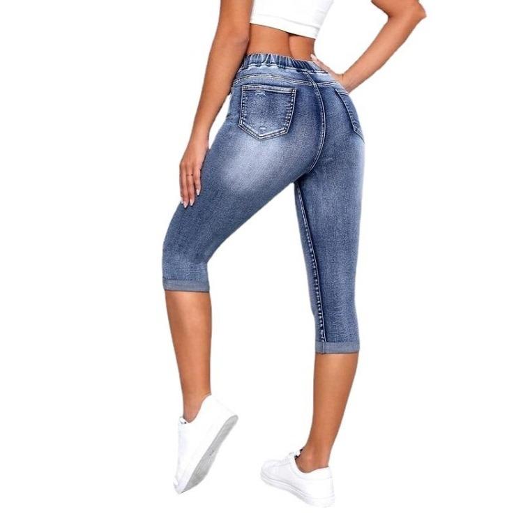 High Waist Women Denim Jeans Shorts Stretch Drawstring Knee Length Ripped Hole Jean Pants