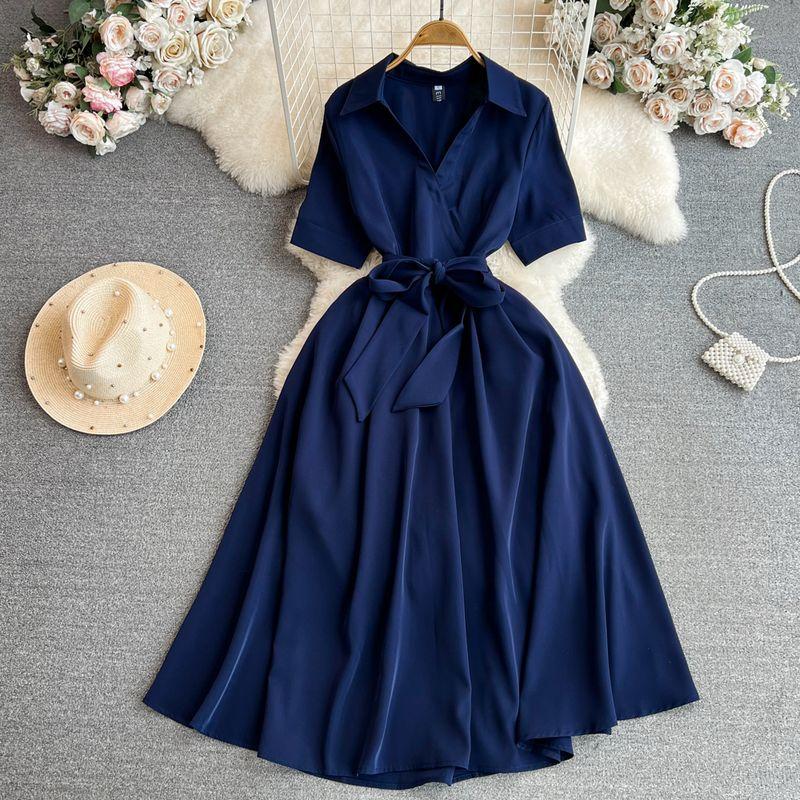 

Summer V Neck A- line Dress Elegance Large Swing Short Sleeve Navy S