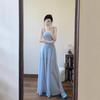 2025 Elegant Summer Blue A-Line Spaghetti Strap Dress for Women - Slimming Waist-Cinched Beach Vacation Style