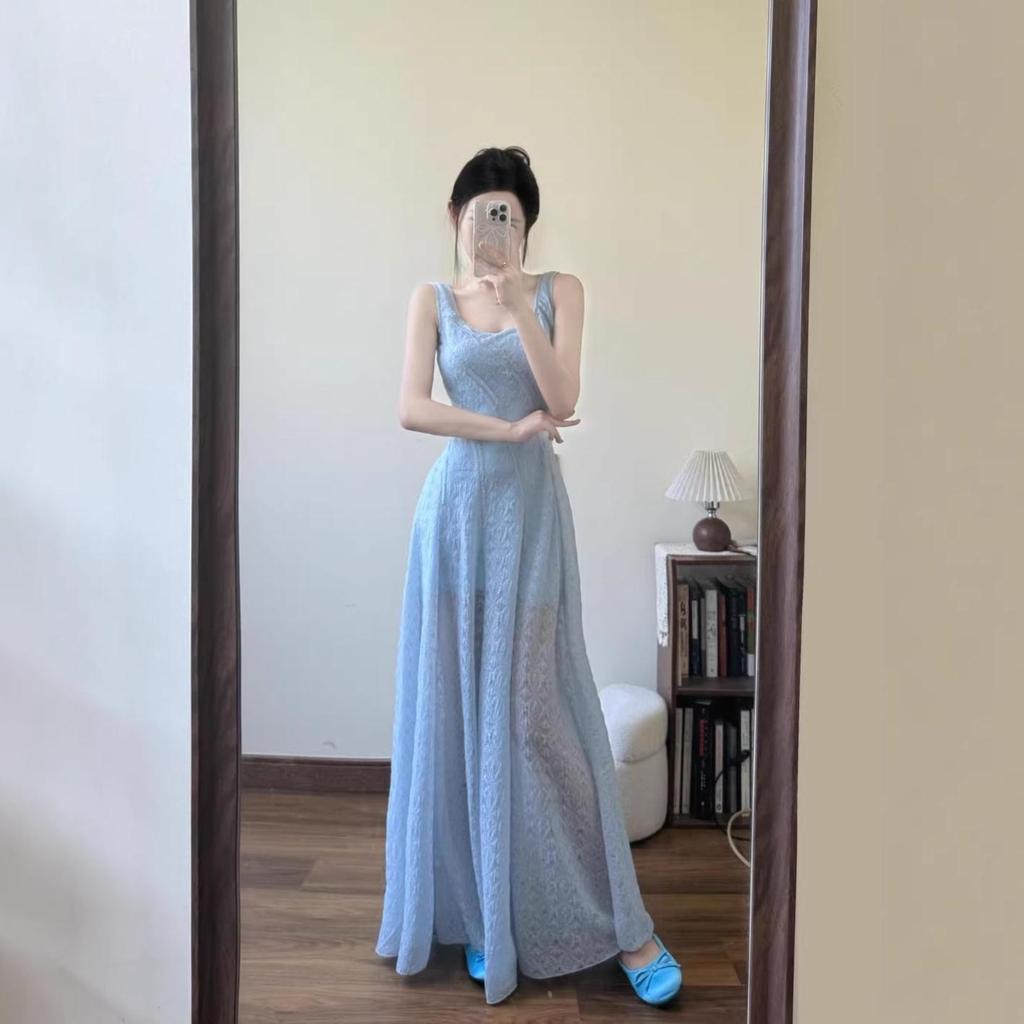 2025 Elegant Summer Blue A-Line Spaghetti Strap Dress for Women - Slimming Waist-Cinched Beach Vacation Style