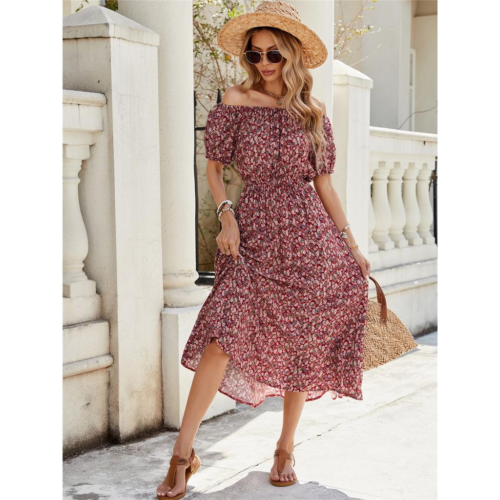 Summer New Floral One Shoulder Short Sleeve Dress Holiday Waisted Big Swing Dresses