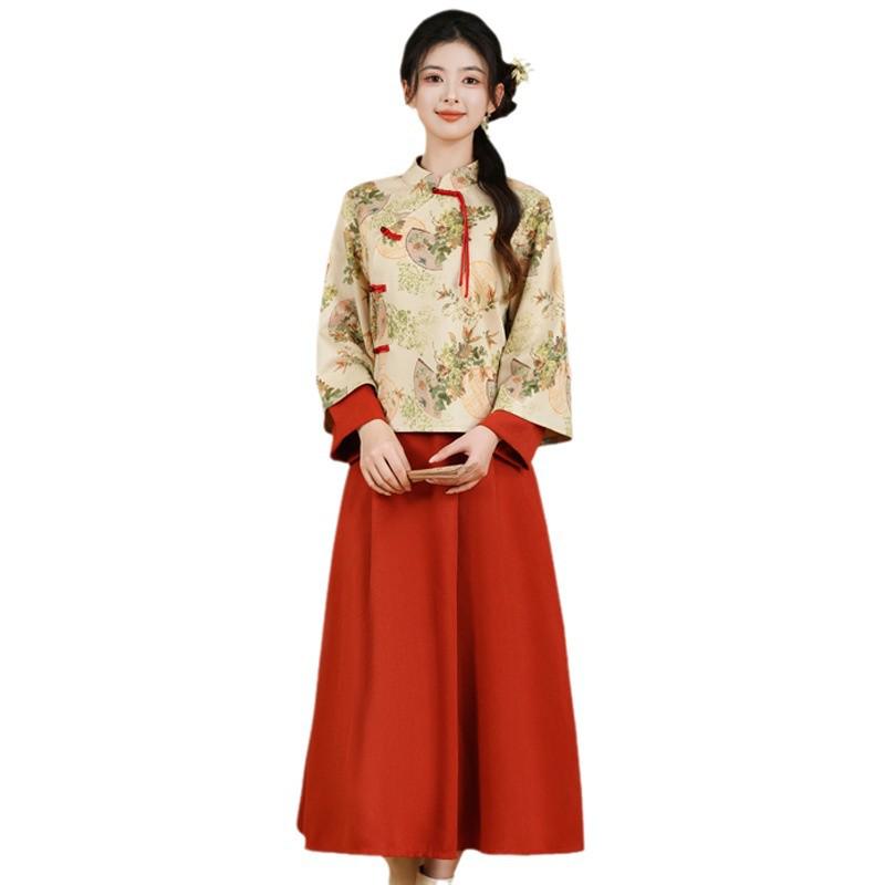 Damen Retro Chinesischer Stil Tang Anzug Cheongsam Oberteil & Hanfu Set – Herbst/Winter Teeanzug