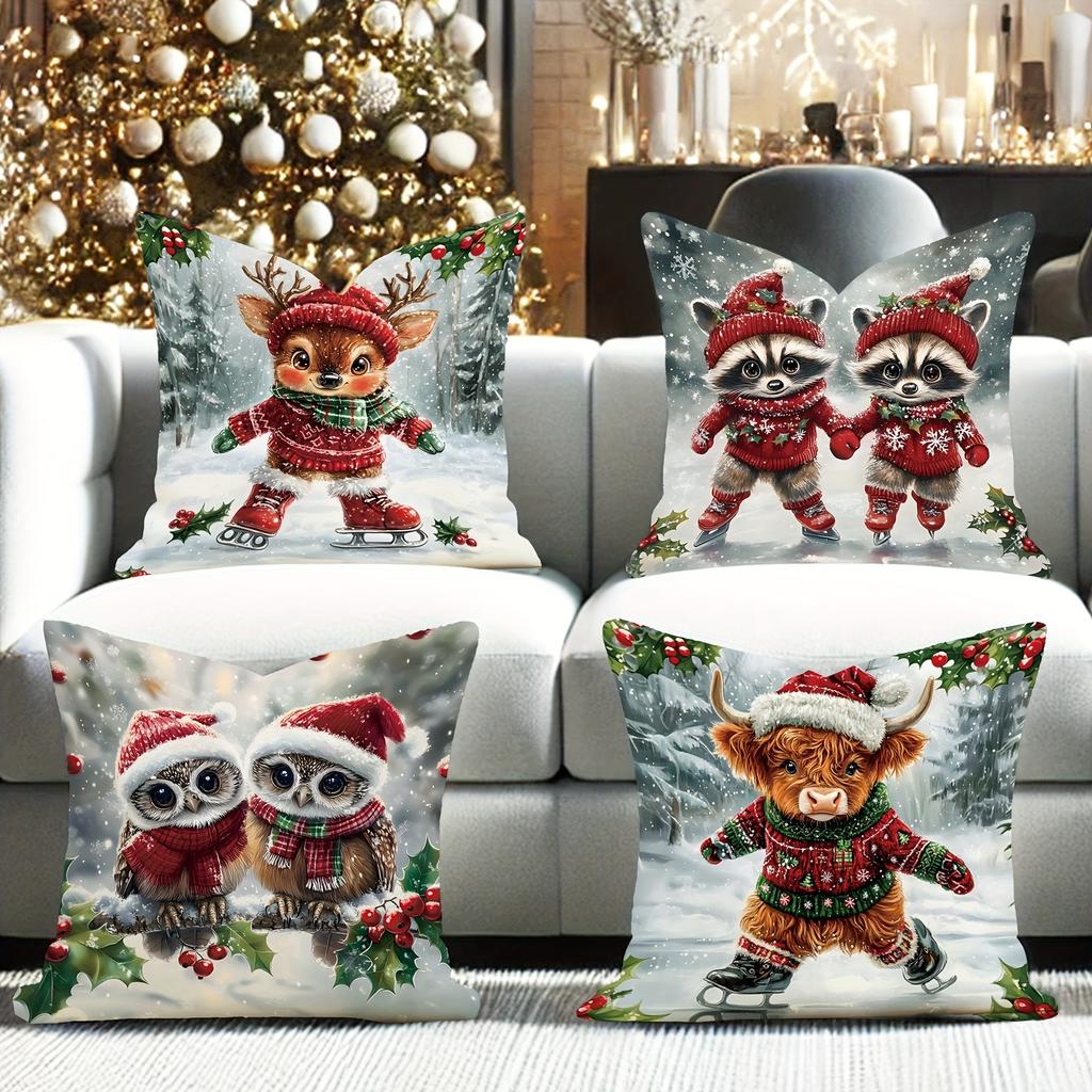 Christmas Pillowcases: Adorable Animal Skaters for Festive Home Decor sofas, bedroom pillow covers, holiday gifts
