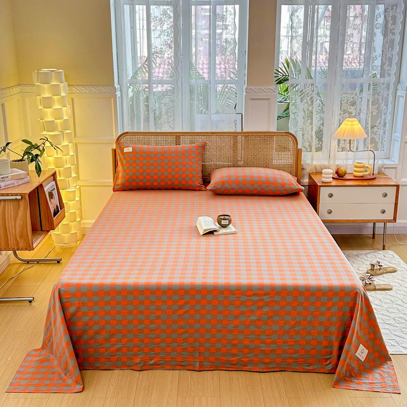 3Pcs 100% Cotton Simple Plaid Pattern Bed Sheet Set Skin-friendly Comfortable Geometric Printed Flat Sheet with Pillowcases