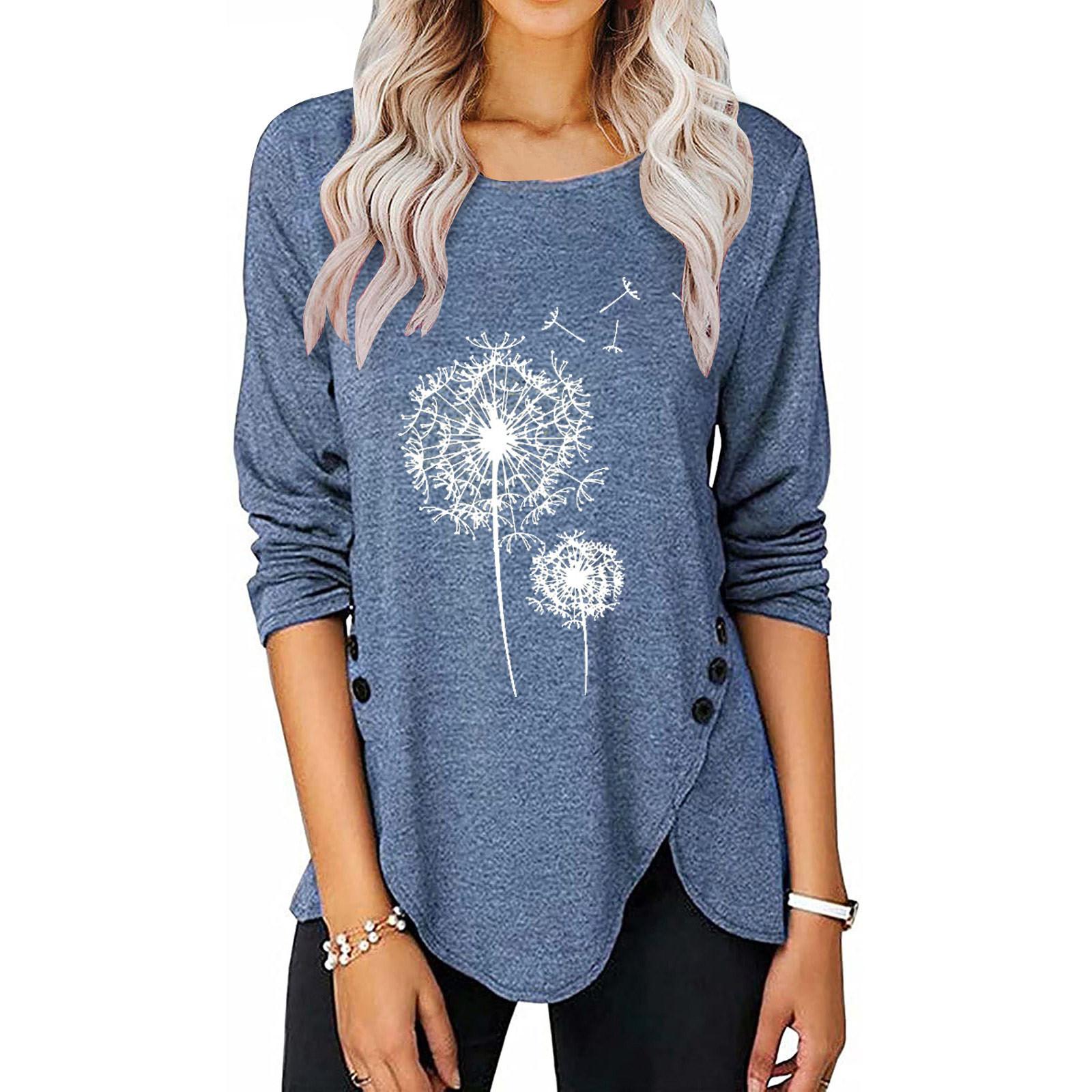 Women Casual Fashion Printed Button Long-sleeved T-shirt Women s Top XXXXXL синий