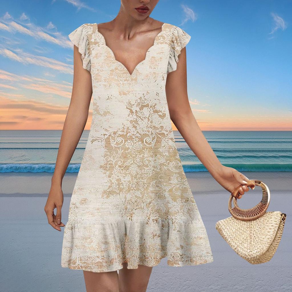 Women's Fashion Casual V Neck Wavy Edge Texture Print Short Sleeve Dress