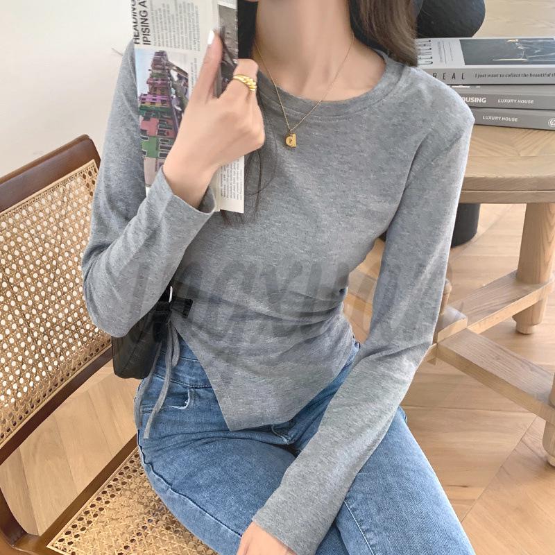 

European Style Long-Sleeved Drawstring T-Shirt with Subtle Design Details for Women - Ideal Autumn/Winter Layer L сірий колір