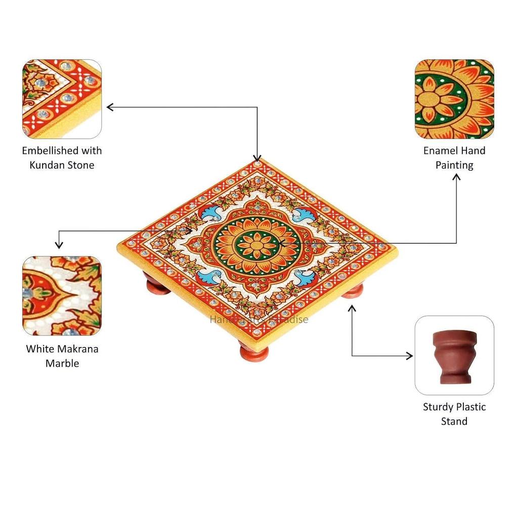 Intricate Floral Painted Marble Chowki (10.2 Cm X 10.2 Cm X 2.55 Cm, Set of 2, Multicolour)