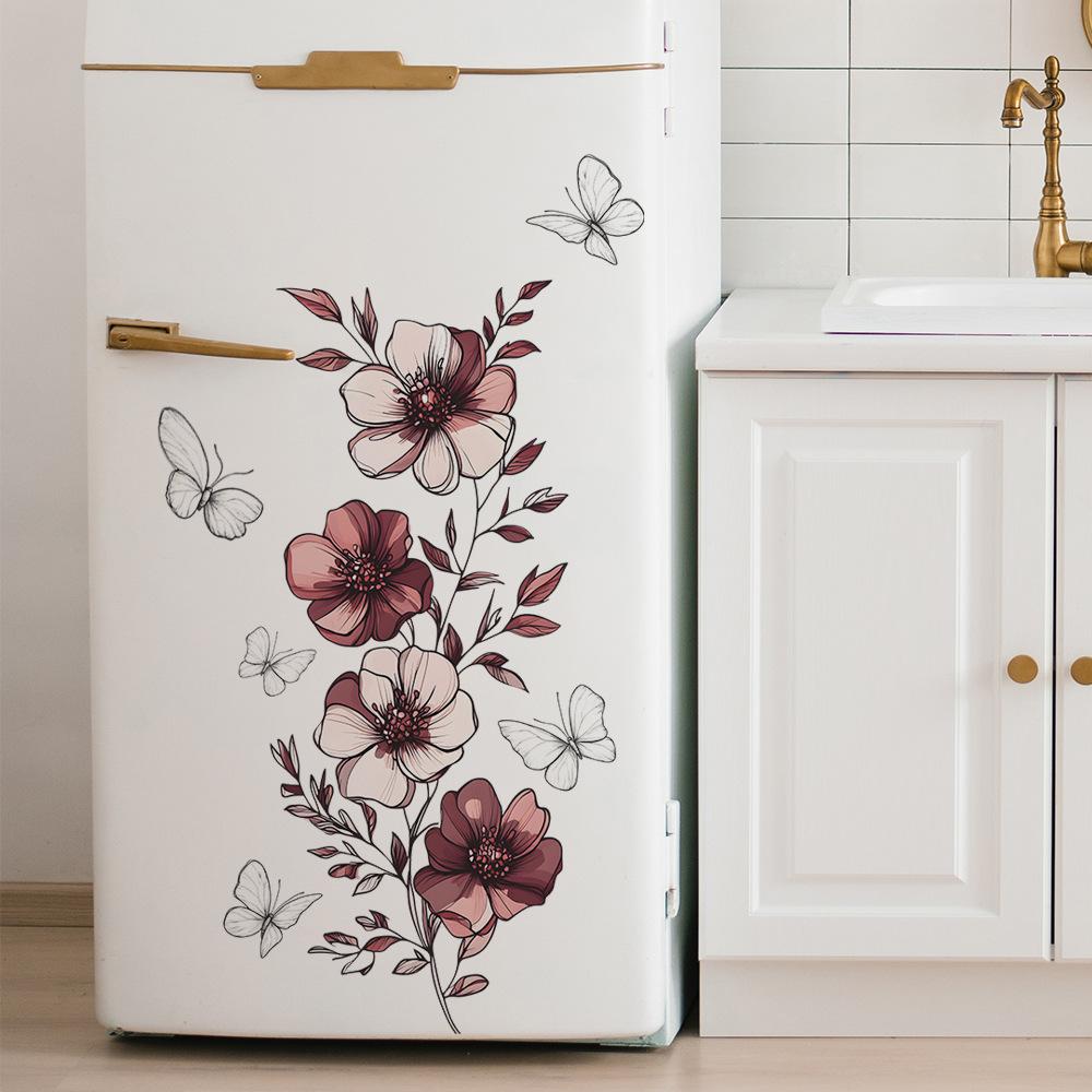 Simulated Floral Line Art Butterfly Wall Sticker Self-Adhesive Removable Bedroom Living Room Hallway Home Decor