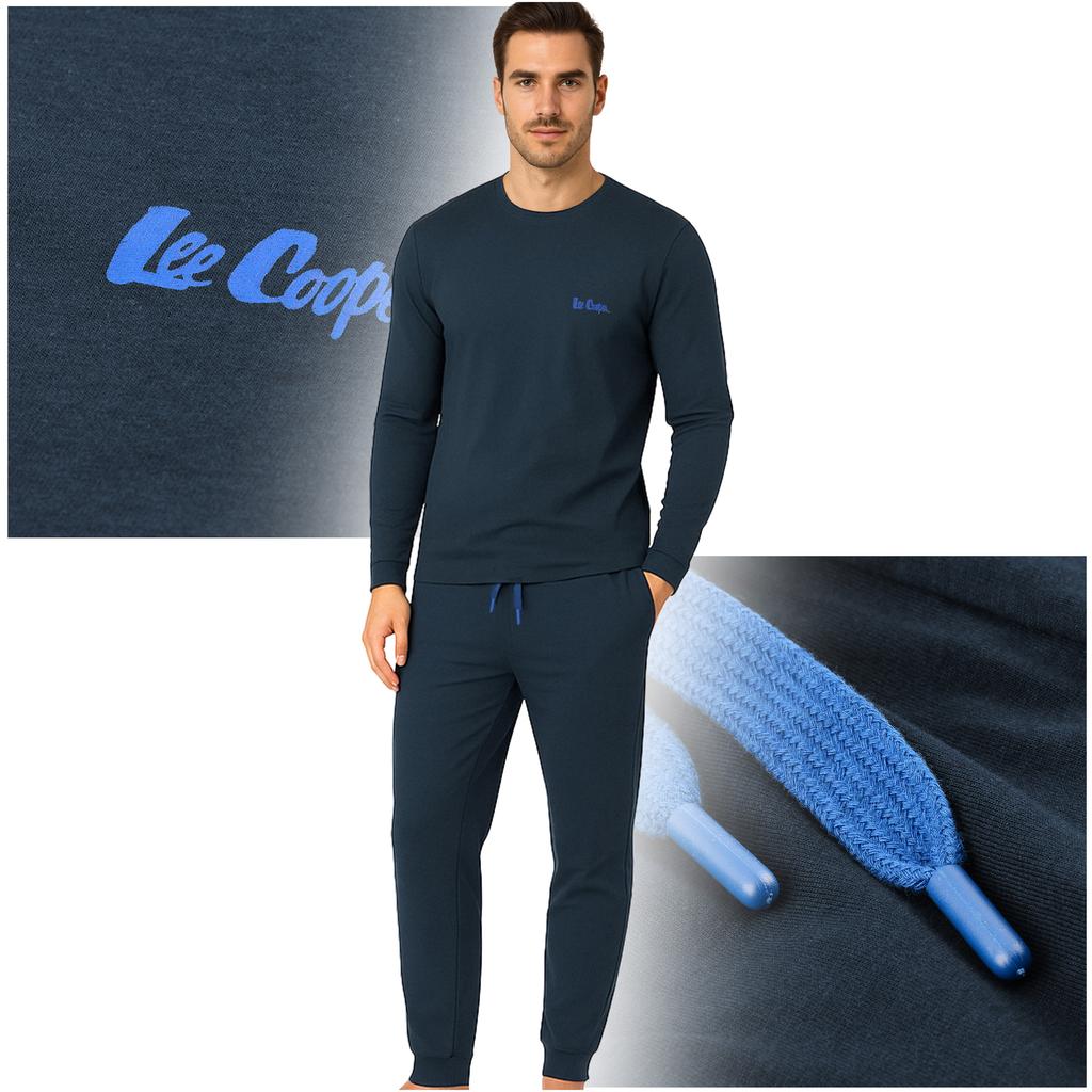Lee Cooper Piżama Męska Bawełniana Długa Granat Niebieska Logo