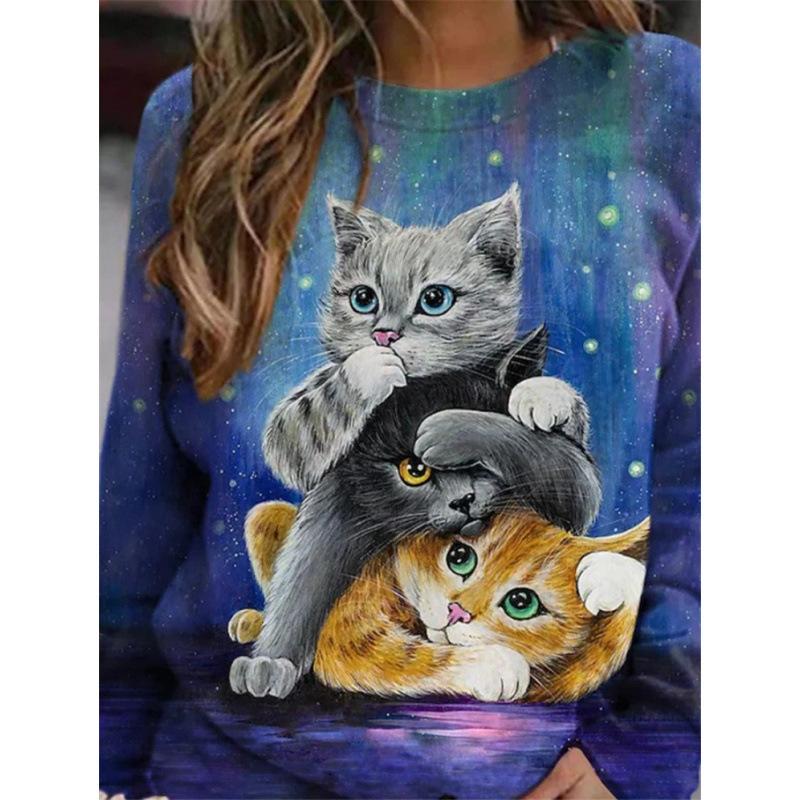 Höst 3D Katt Tryckta Sweatshirts Trendiga Casual Sport Långärmade Dam Sweatshirts