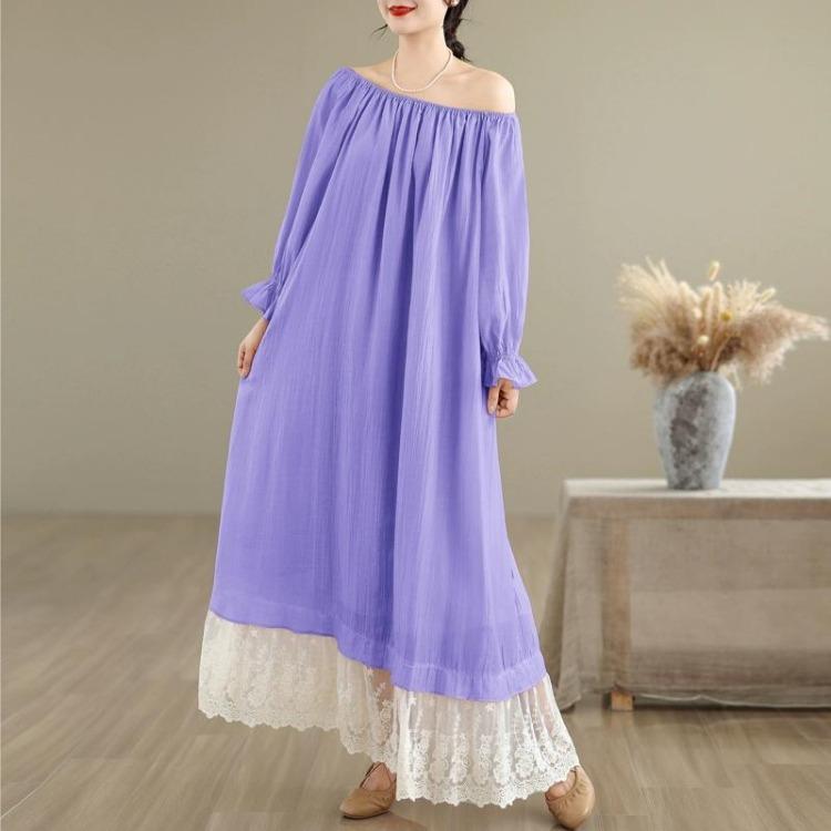New French Style Oversize Off The Shoulder Dress Patchwork Lace Sweet One Neckline Slim and Long Look