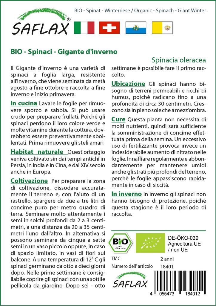 SAFLAX Garden In the Bag - Organic - Spinach - Giant Winter - 250 Seeds - With Substrate In a Fitting Stand Up Bag - Spinacia Oleracea