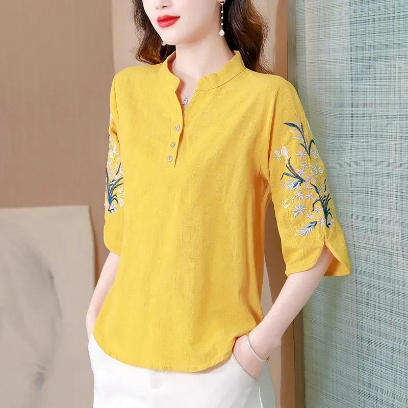 Women's Shirt Spring Summer Middle Aged Mother V-neck Leisure Ladies Shirt  Fashion Ethnic Style Elegant Lady Blouse
