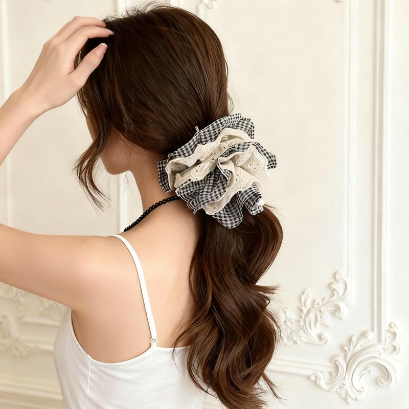 High-End Korean Plaid Lace Scrunchie for Women - Oversized Hair Tie & Bun Accessory