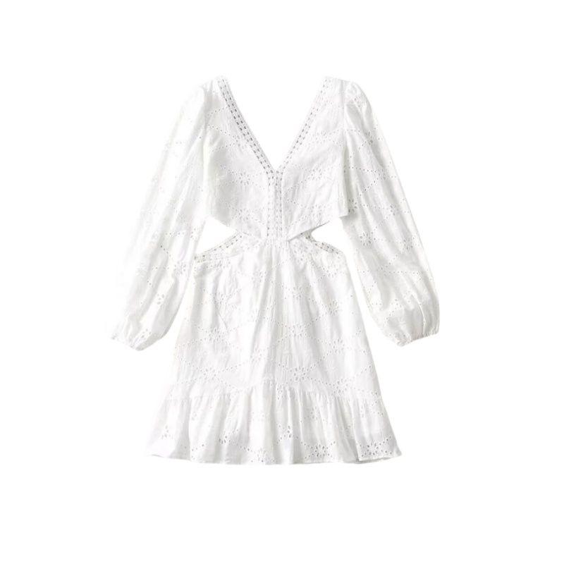 

Light Wind Broken White Tea French style Tea Break Elegant Style V-neck Lace Open Design Sexy Hollow Waist Exposed Dress White Cut Out L