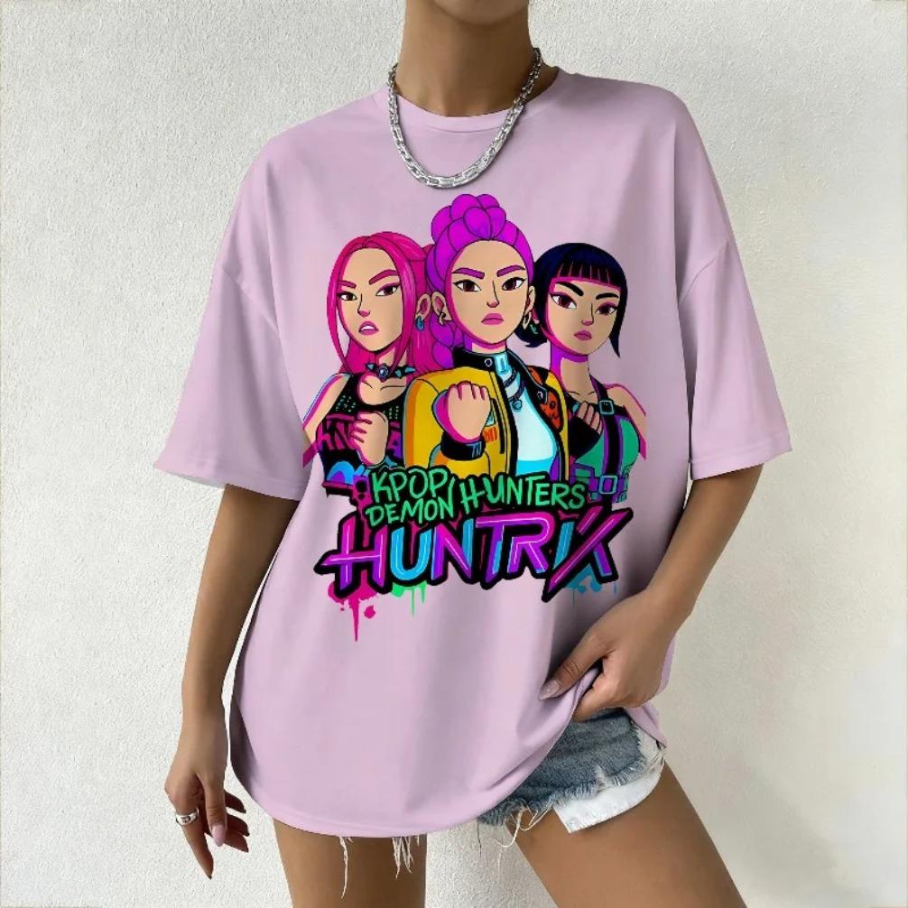 Women's Summer KPop Demon Hunters Graphic T-Shirt Vibrant Cartoon Character Print Tee Fashion Streetwear & Casual Daily Outfits
