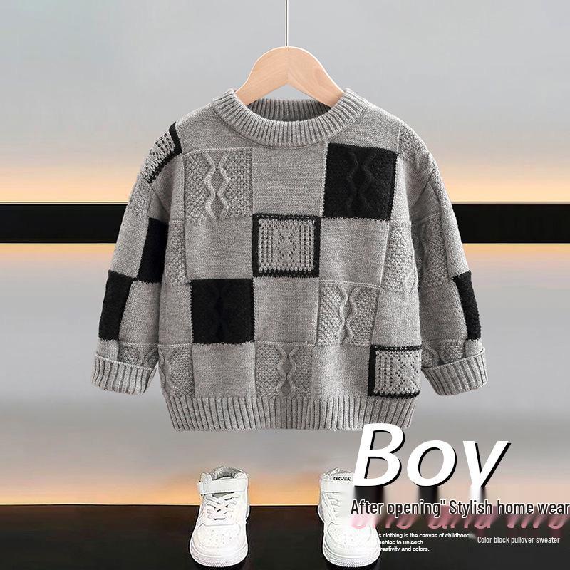 

Boys Color Block Wool Pullover Sweater, Spring/Autumn 2025 Collection 120 cm серый