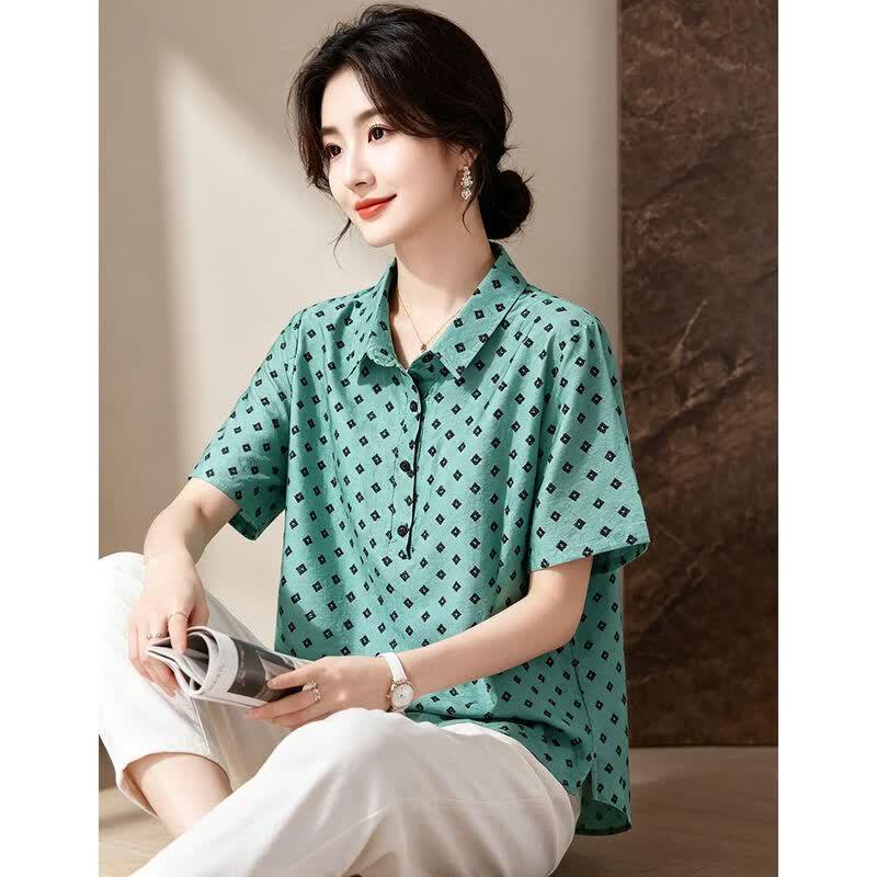 Women's Polka Dot Lapel Short Sleeve Blouse