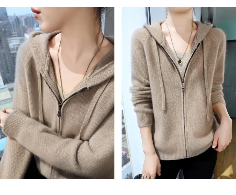 Women's Hooded Wool Knit Cardigan - Autumn & Winter Loose Fit Zipper Sweater Fashion Jacket