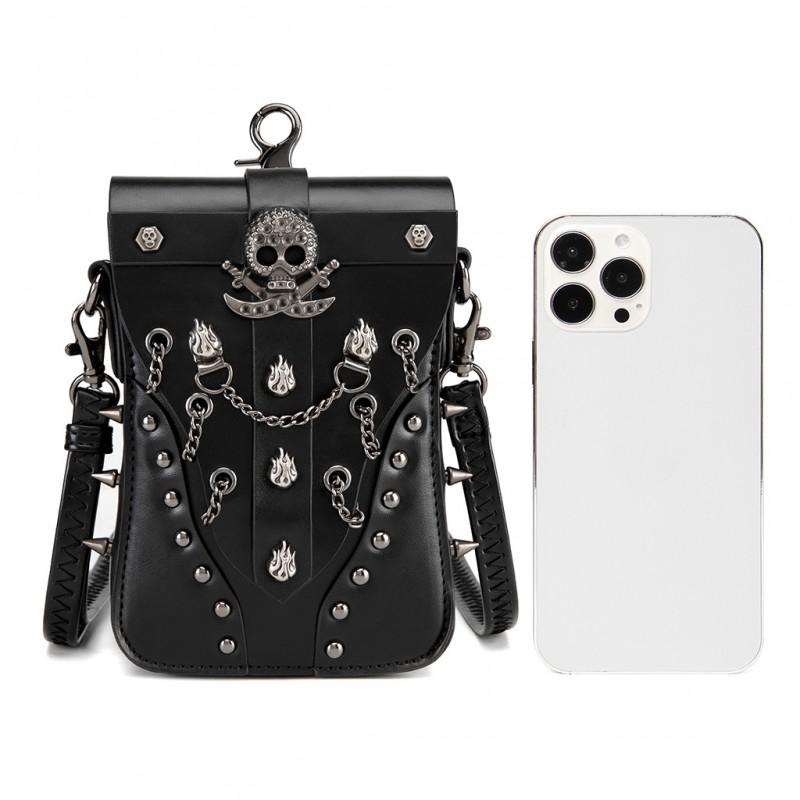 Damen Mini Quadratische Umhängetasche Retro Punk Stil Mit Nieten Totenkopf Dekor Handyfach