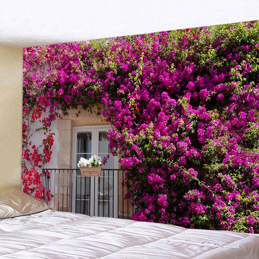 Spring Flowers Wood Fence Tapestry Nature Pink Rose Plant Flower Wall Hanging Garden Window Nature Scenery Tapestry