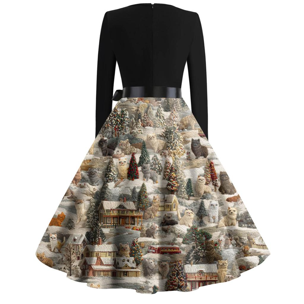 Women's Fashion Round Neck Casual Slim Christmas Printed Long Sleeve Dresses