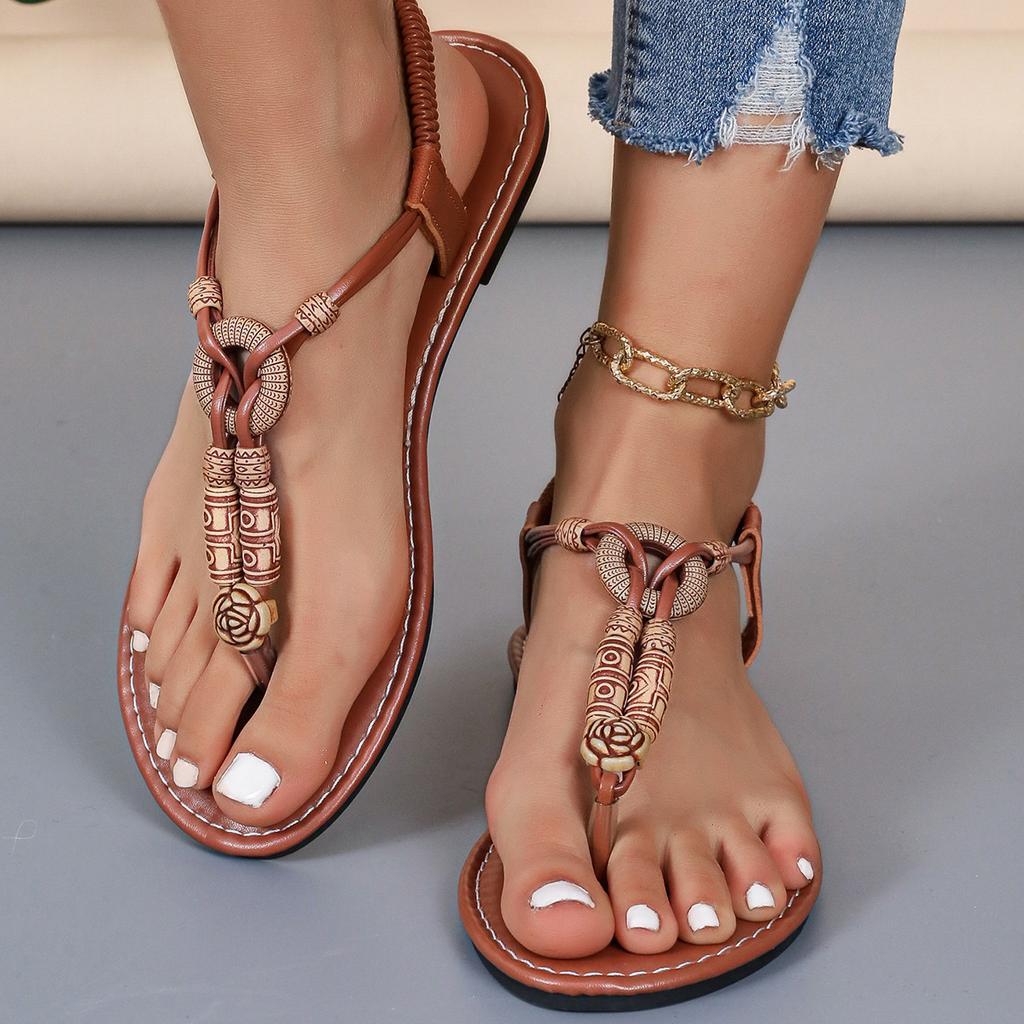 Mezzo-toe flat sandals women's round head beaded light beach sandals