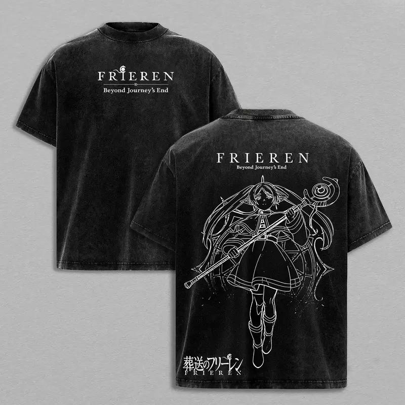 Hot Anime Frieren Beyond Journey's End Clothing Men Women Tshirts Washed Cotton Tee Retro Oversized T-shirt Harajuku T Shirt