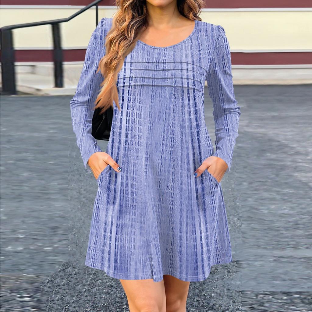 Women's Long Sleeve Dress Fall Casual T Shirt Loose Fit Pleated Front Dresses With Pockets