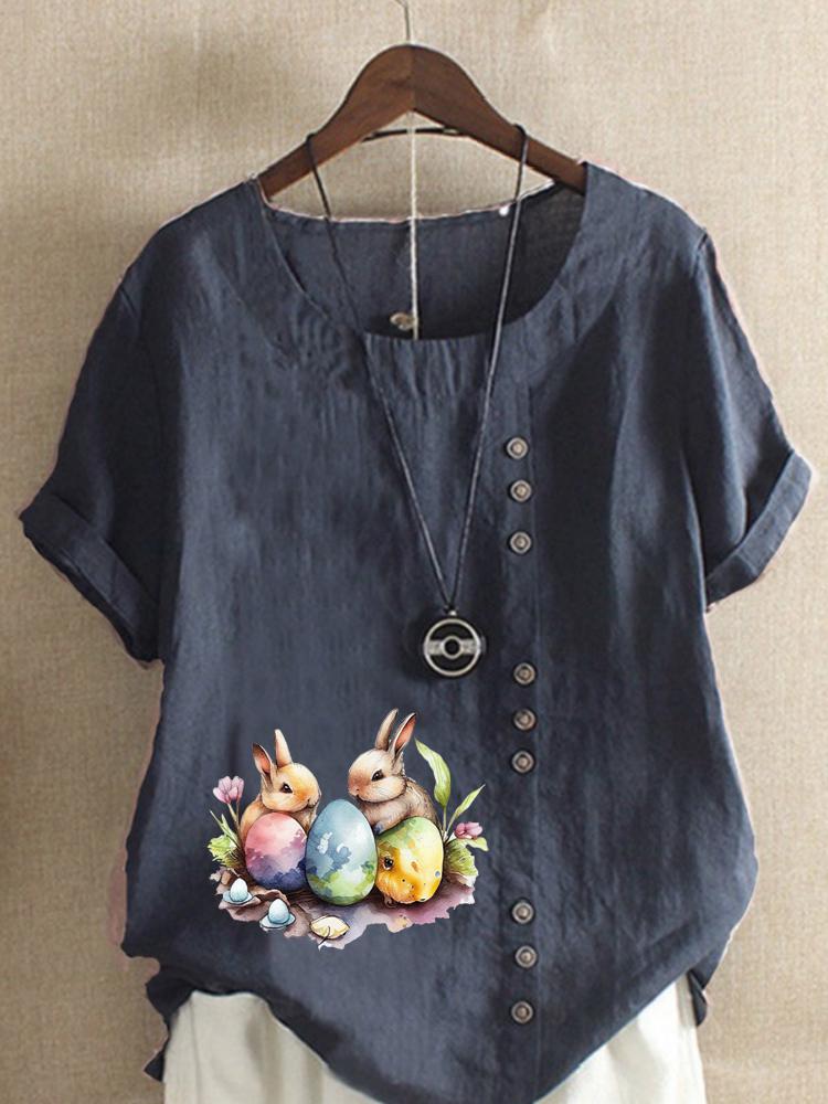 Women's Fashion Rabbit Print Casual Cotton Linen Short Sleeve Round Neck T-shirt Shirt Leisure Loose Summer Blouse Tops