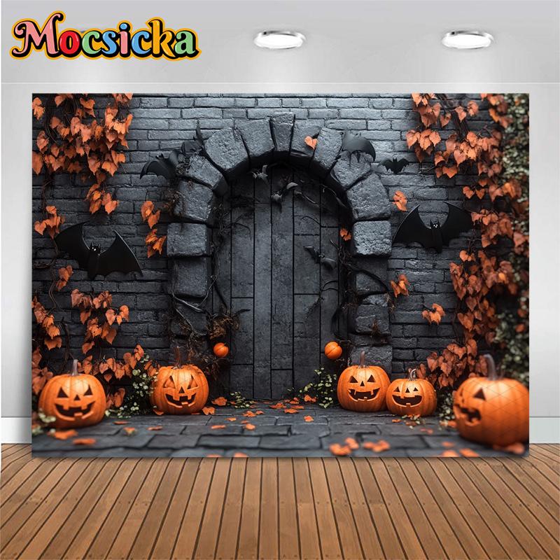 Mocsicka Halloween Photography Background Grey Brick Wall Bats Decorations Autumn Pumpkin Party Photo Backdrops Studio Wallpaper