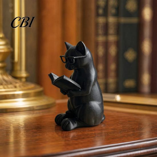 Office Desk Accessory 3D Printed Reading Cat Figurine, Decorative Ornament with Weighted Anti-Slip Base, Study Room Decor Intellectual Statue
