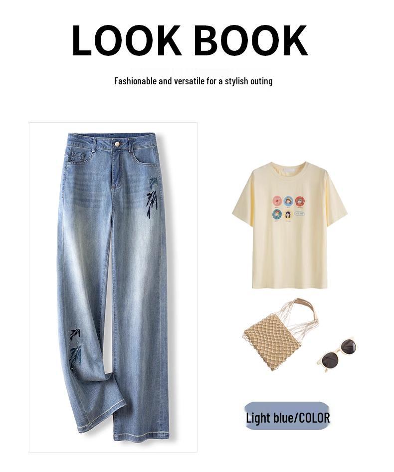Women's High Waist Chinese Embroidery Straight Leg Jeans - Spring/Autumn 2025 Loose Slimming Drapey Design