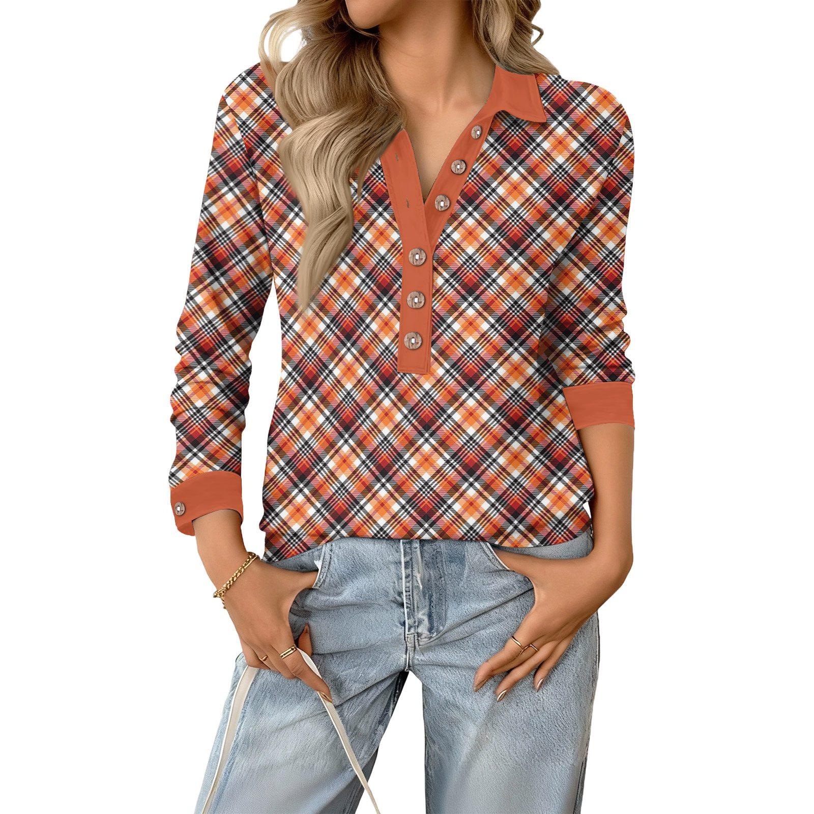 

Women s Retro Street Lazy V,neck Long Sleeve Button Plaid Print Pullover Top XXL