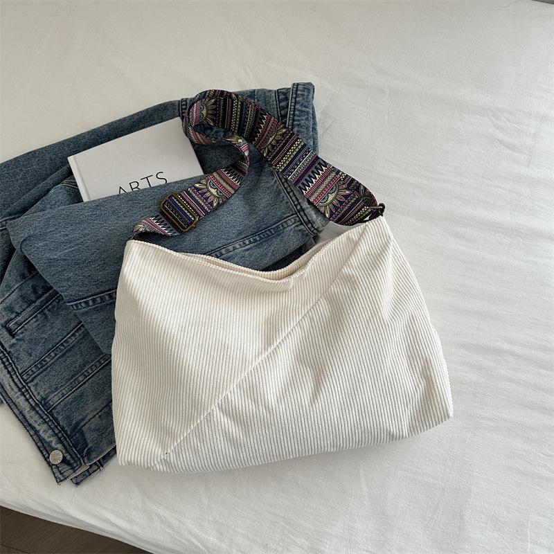 Corduroy Bag Female Student Commuter Bag Wide Shoulder Strap Stylish Large Capacity One Shoulder Messenger Tote Bag