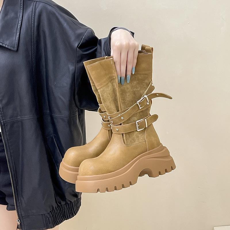 

Модные двухсторонние ботильоны на платформе, дизайн с пряжкой-ремнем, толстый каблук, круглый носок, ботинки Мартин женские осенне-зимние, ретро модные ботильоны на высоком каблуке 40 верблюд